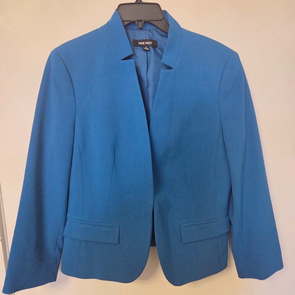 Nine West Womens 8 Vibrant Blue Blazer Career Stretch Open Front Lined Jacket